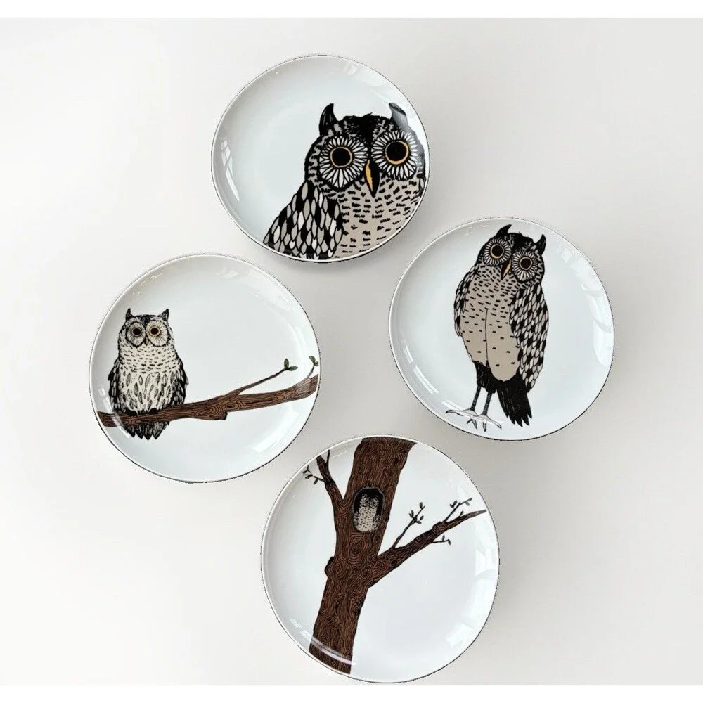 West Elm Owl Salad Plates Set of 4 Rachel Kozlowski Organic Porcelain Dessert